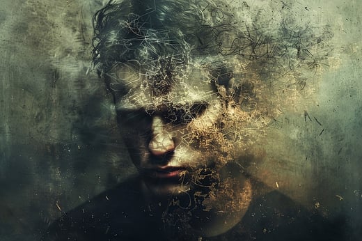 Portrett av en mann hvor ansiktet oppløses i abstrakte, fragmenterte teksturer.